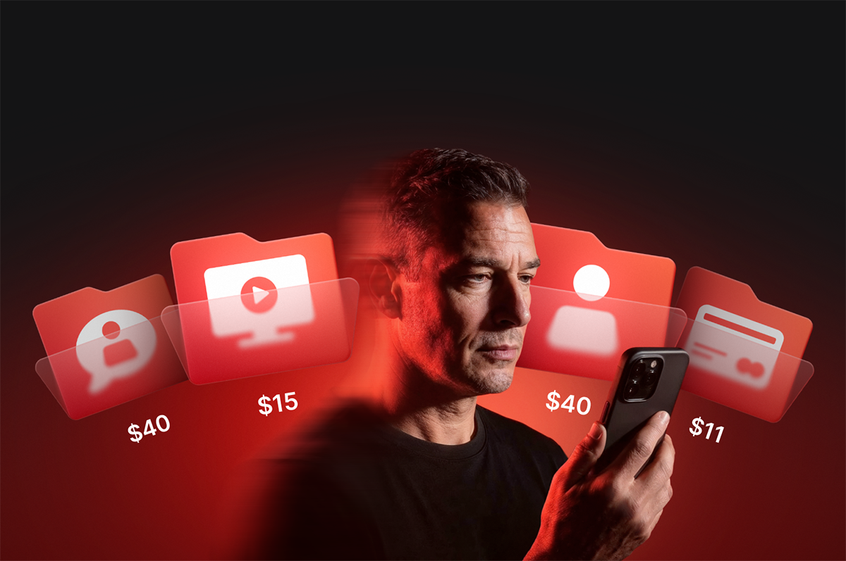 man looking at phone surrounded by digital documents for sale